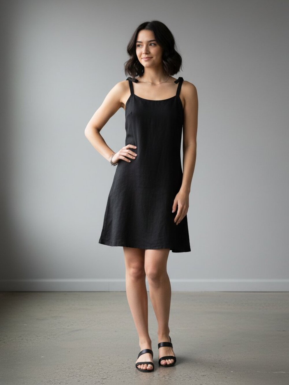Linen Blend Tie Strap Midi Dress Black Approx XS Minimalist As-is